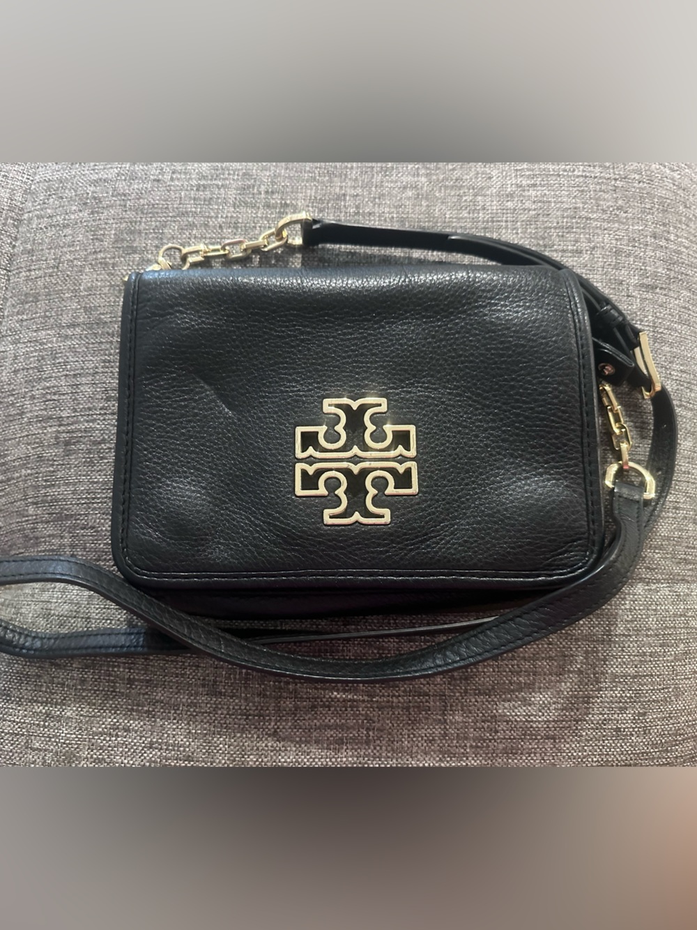 Tory Burch Black Leather Crossbody with Gold Logo Emblem